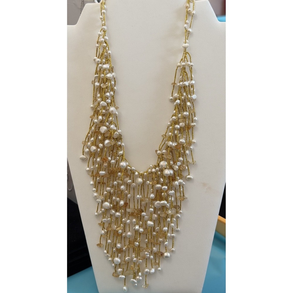 CGI 925 Metallic Gold Tone‎ Cultured Freshwater Pearl Boho Necklace Mother's Day